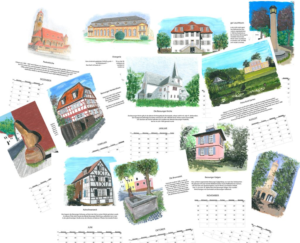 Collage der Kalenderblaetter des Bessungen-Kalenders 2026, alle 12 Motive.