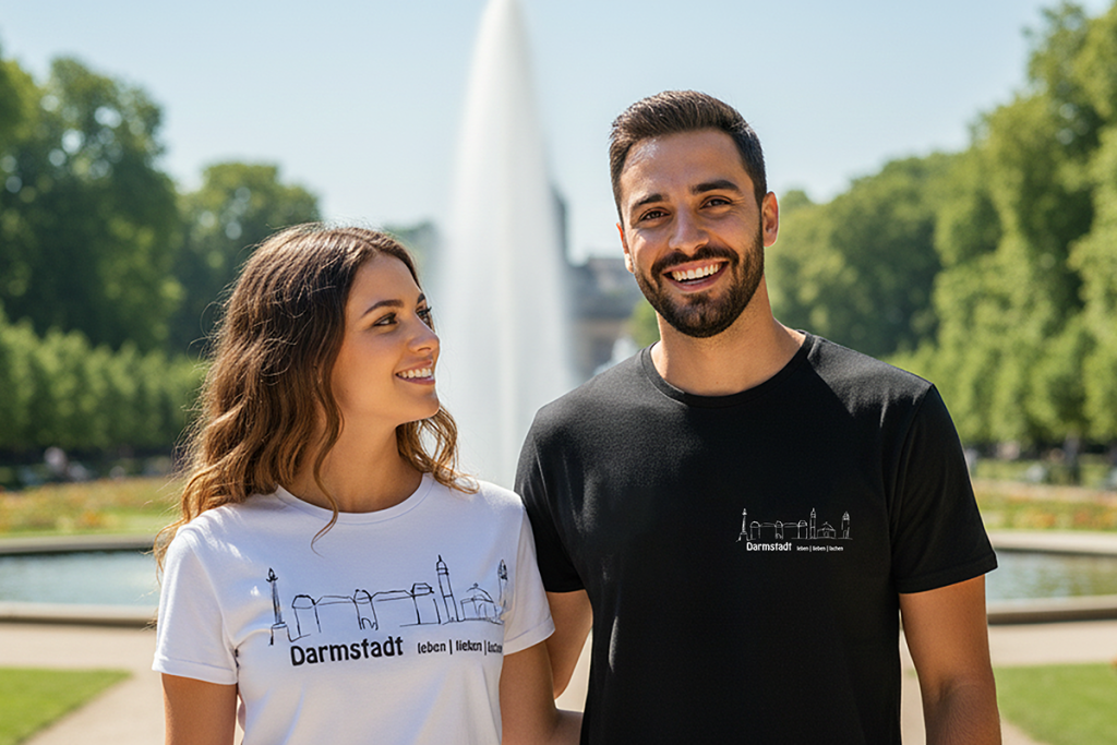Zwei Darmstadt-Shirts aus der Lichtpause1 Darmstadt-Kollektion mit dem Aufdruck Darmstadt leben lieben lachen