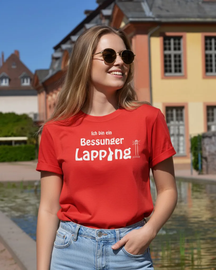 Bessunger Lapping Design der Darmstadt-Kollektion auf rotem Damenshirt