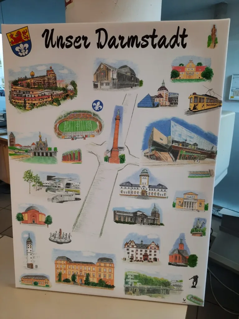 Fertig bedruckte und auf Keilrahmen gespannte Leinwand mit Darmstadt-Motiven bei Lichtpause1