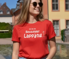Bessunger Lapping Design der Darmstadt-Kollektion auf rotem Damenshirt